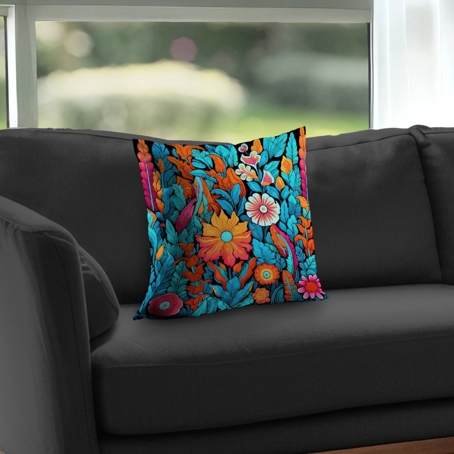 Floral Hues Black Poly Twill Throw Pillow - Home Decor Insert