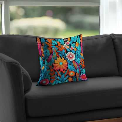Floral Hues Black Poly Twill Throw Pillow - Home Decor Insert