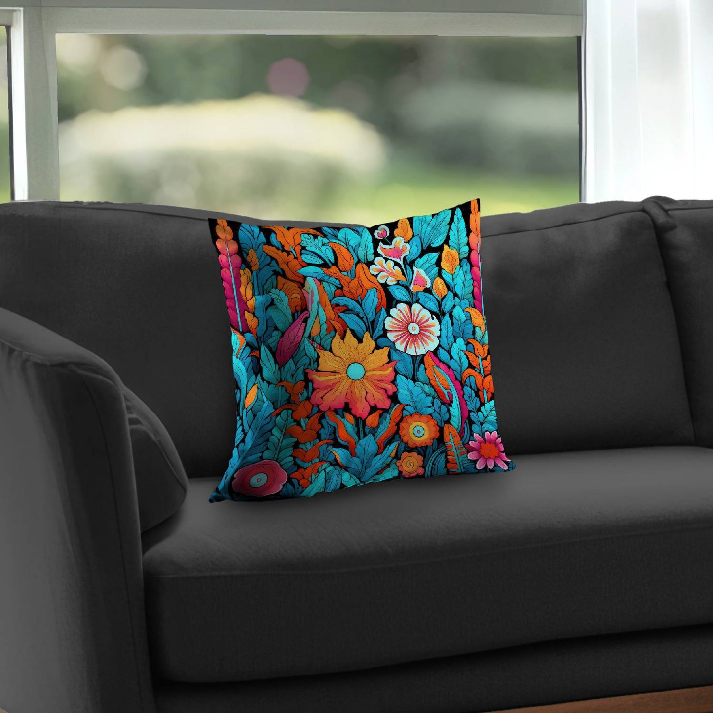 Floral Hues Black Poly Twill Throw Pillow - Decor Insert