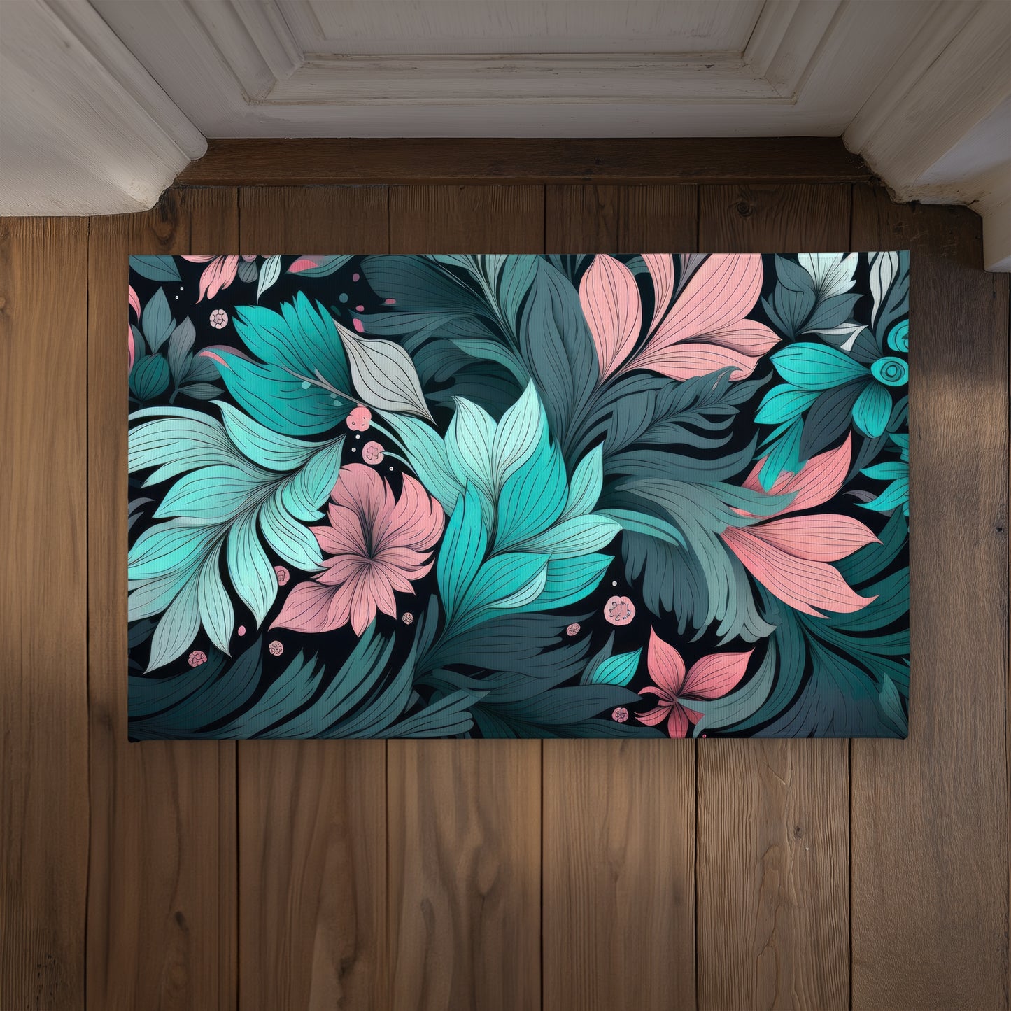 Neon Leaves Turquoise Indoor Outdoor Door Mat - Home Decor