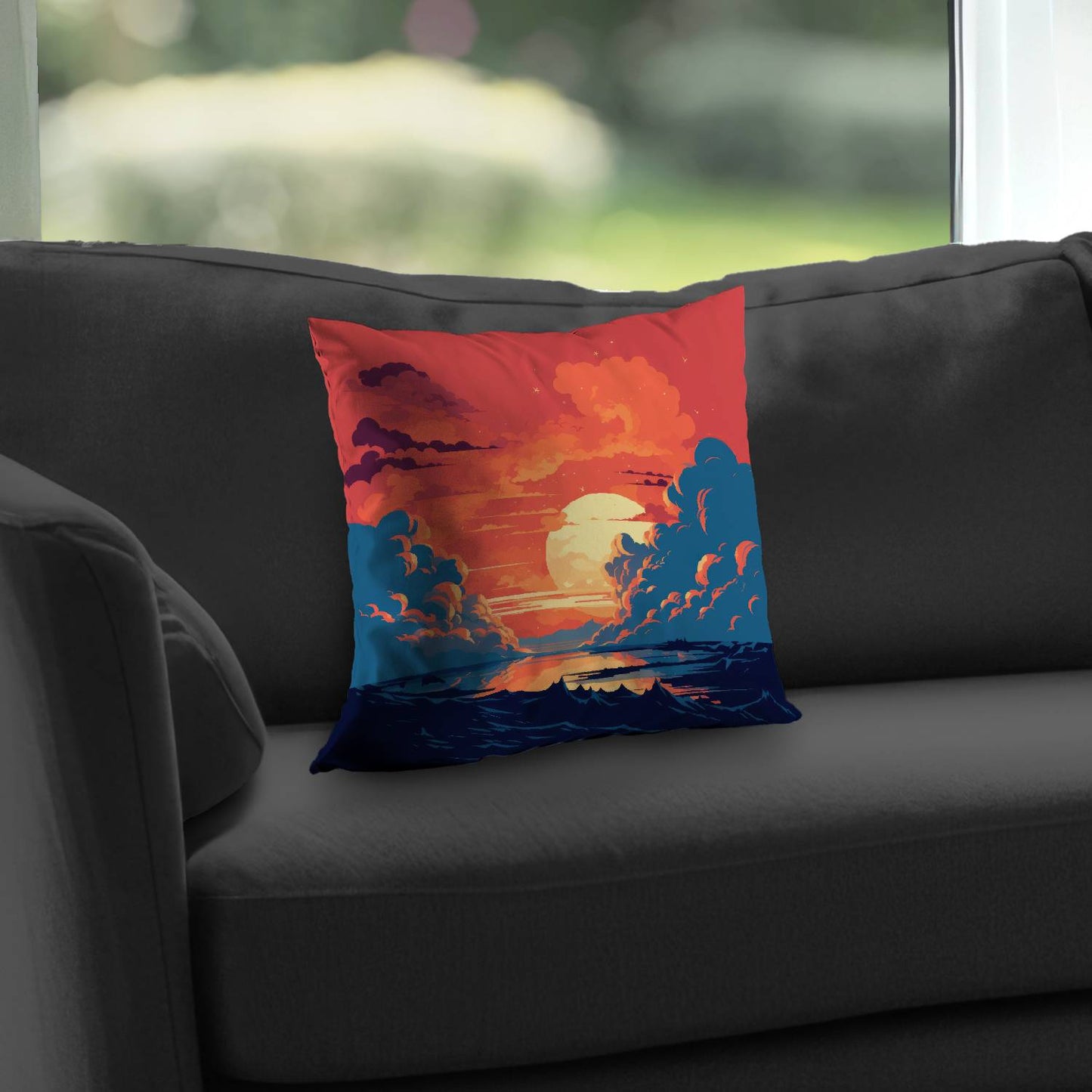 Coussin décoratif en sergé de polyester orange et bleu | Accessoire de décoration intérieure