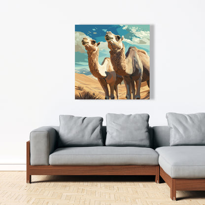 Camels Looking Up - Blue Canvas Art for Home Decor
