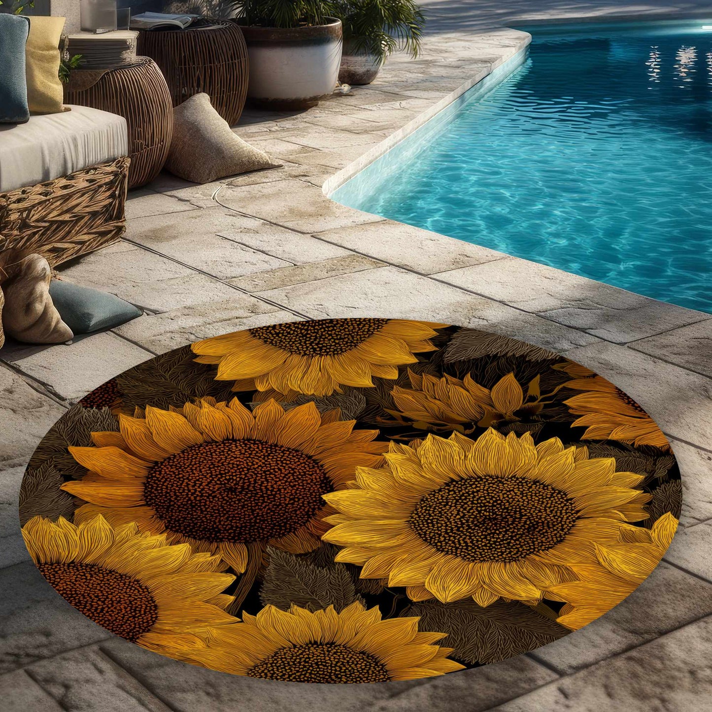 Tapis d'extérieur rond Golden Glow Blooms | Décoration intérieure