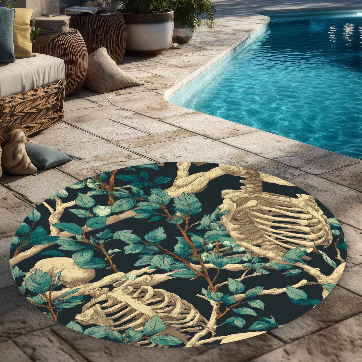 Tapis d'extérieur rond à motifs de bâtons et de crânes | Décoration d'intérieur élégante