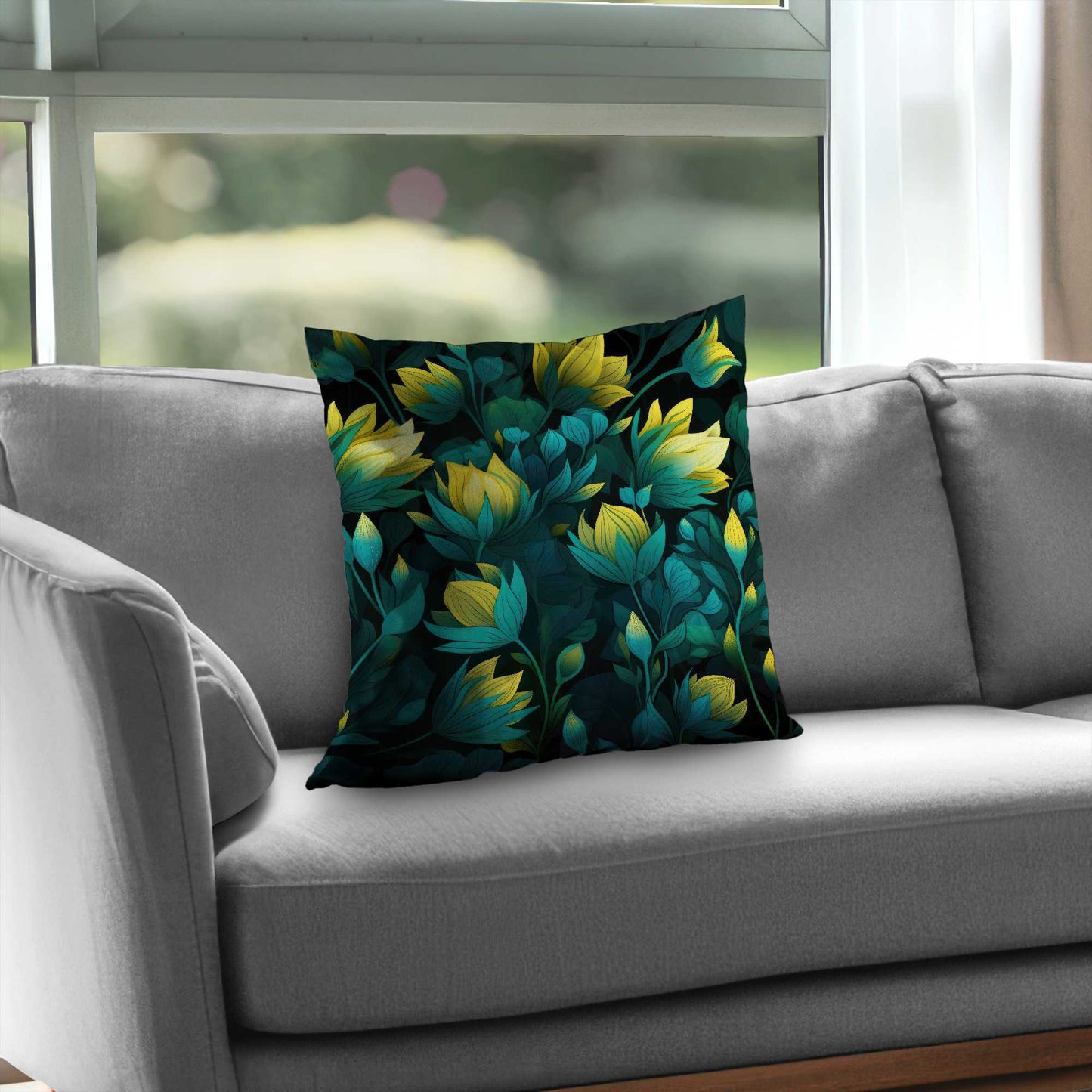 Coussin décoratif en sergé de polyester noir Intense Bloom