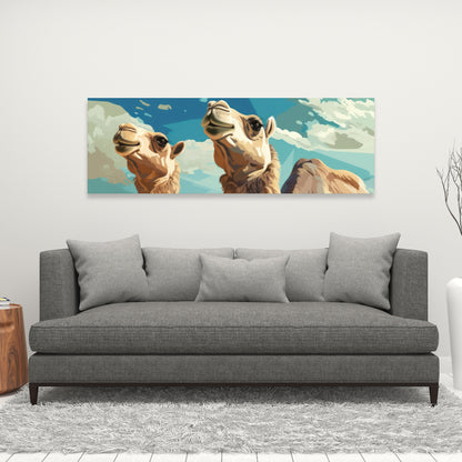 Camels Looking Up - Blue Canvas Art for Home Decor