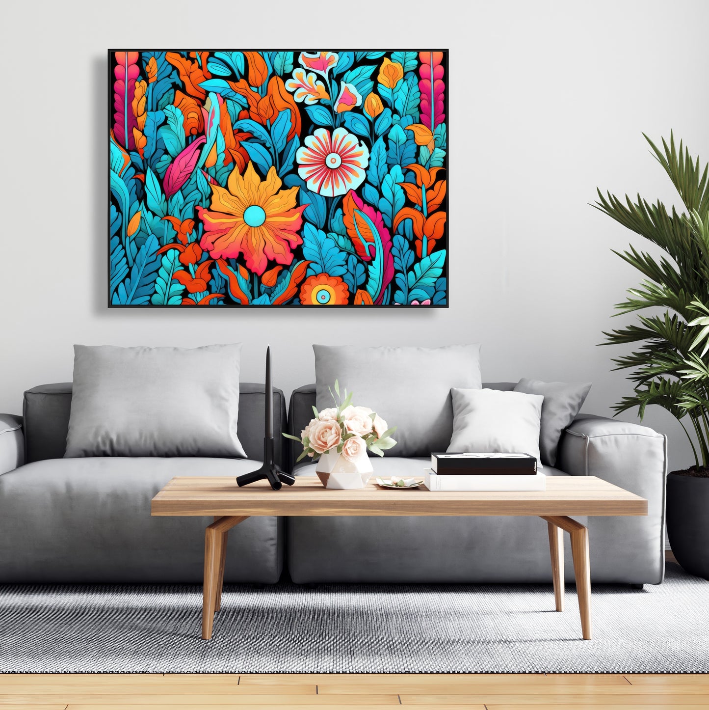 Floral Hues - Turquoise Framed Canvas for Home Decor