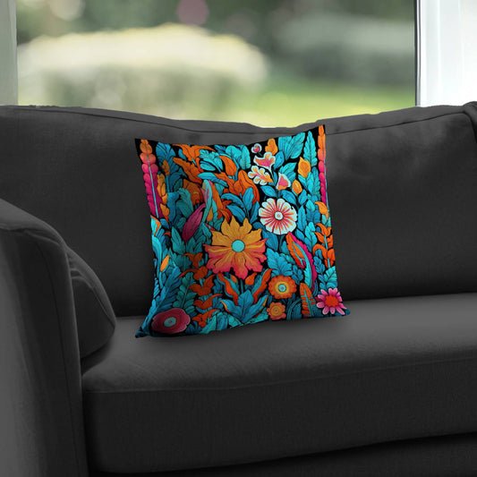 Floral Hues Black Poly Twill Throw Pillow - Home Decor Insert
