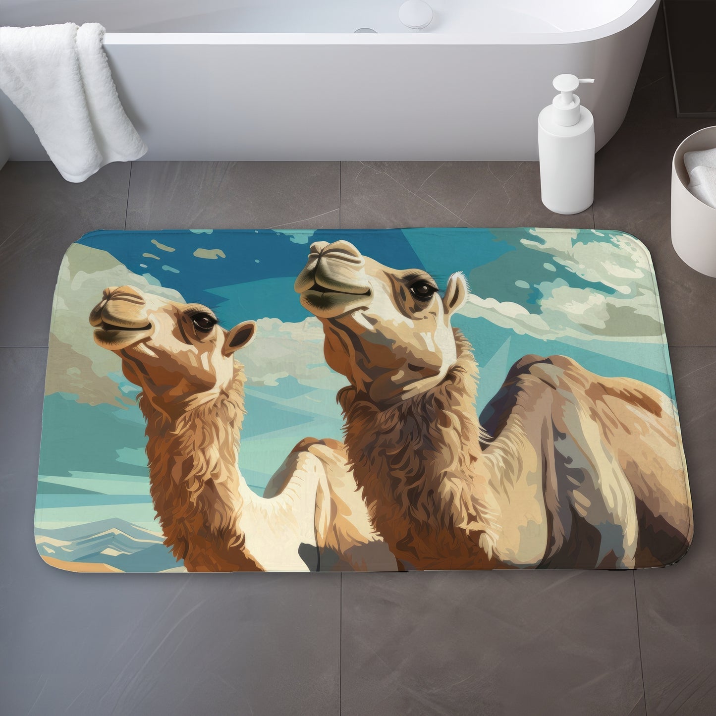 Camels looking up - 17"x24" Bath mat