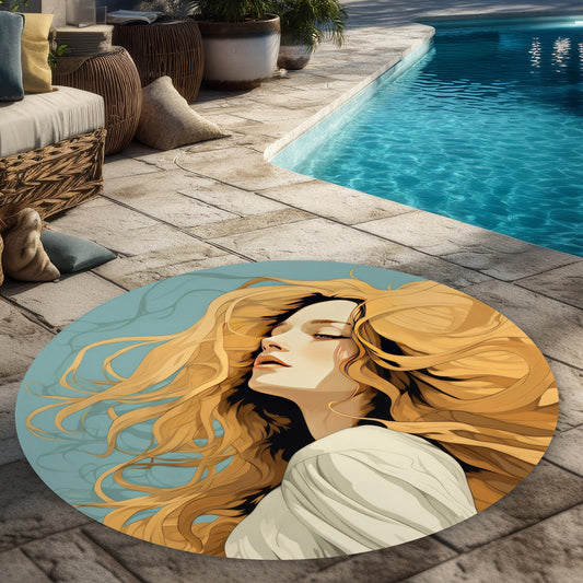 Flowing Hair - Blue Round Outdoor Area Rug for Home Decor