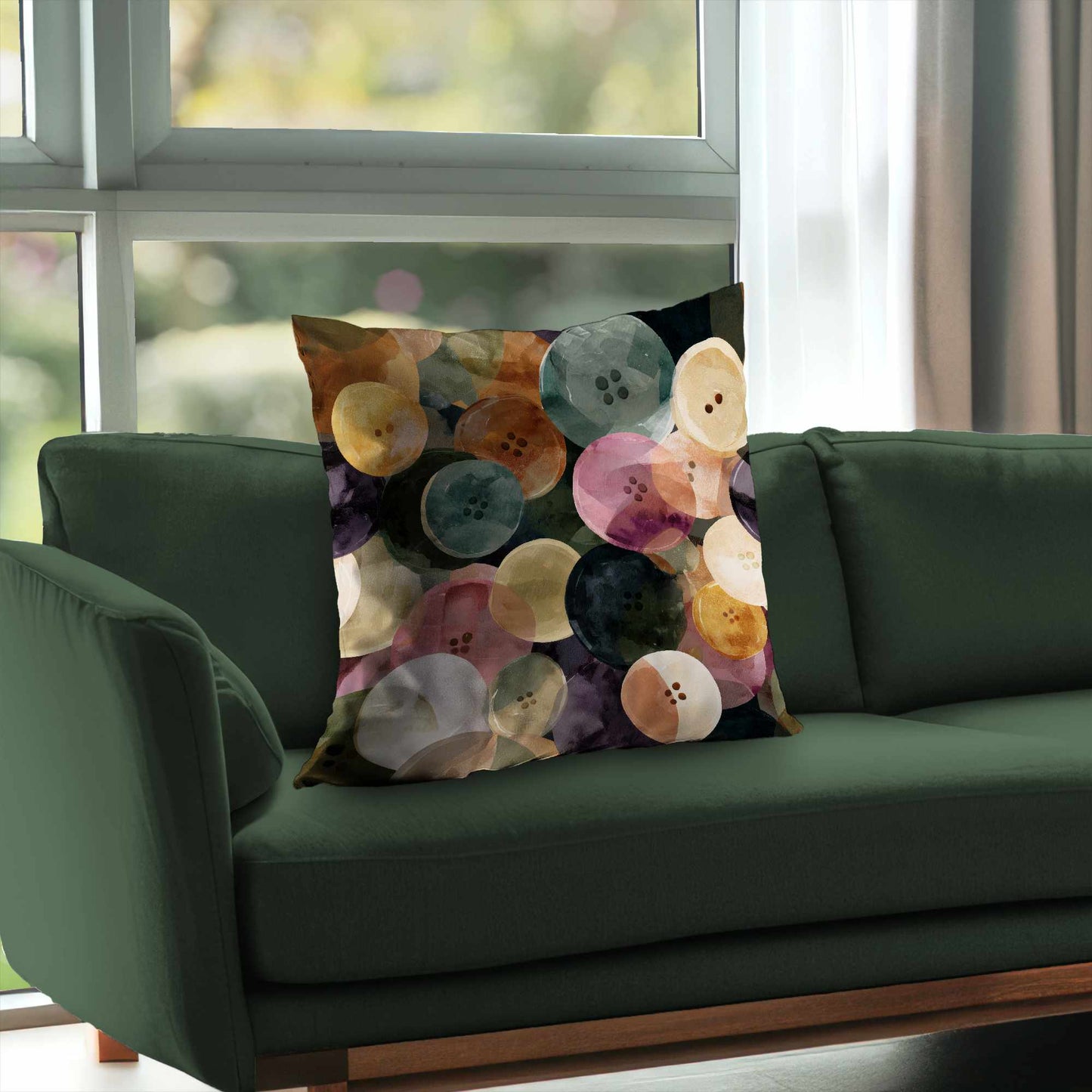 Coussin décoratif en sergé polyester, motif « Colorful Button Dance »