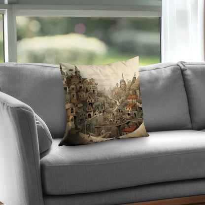 Intricate town hall Orange poly twill throw pillow | Home decor