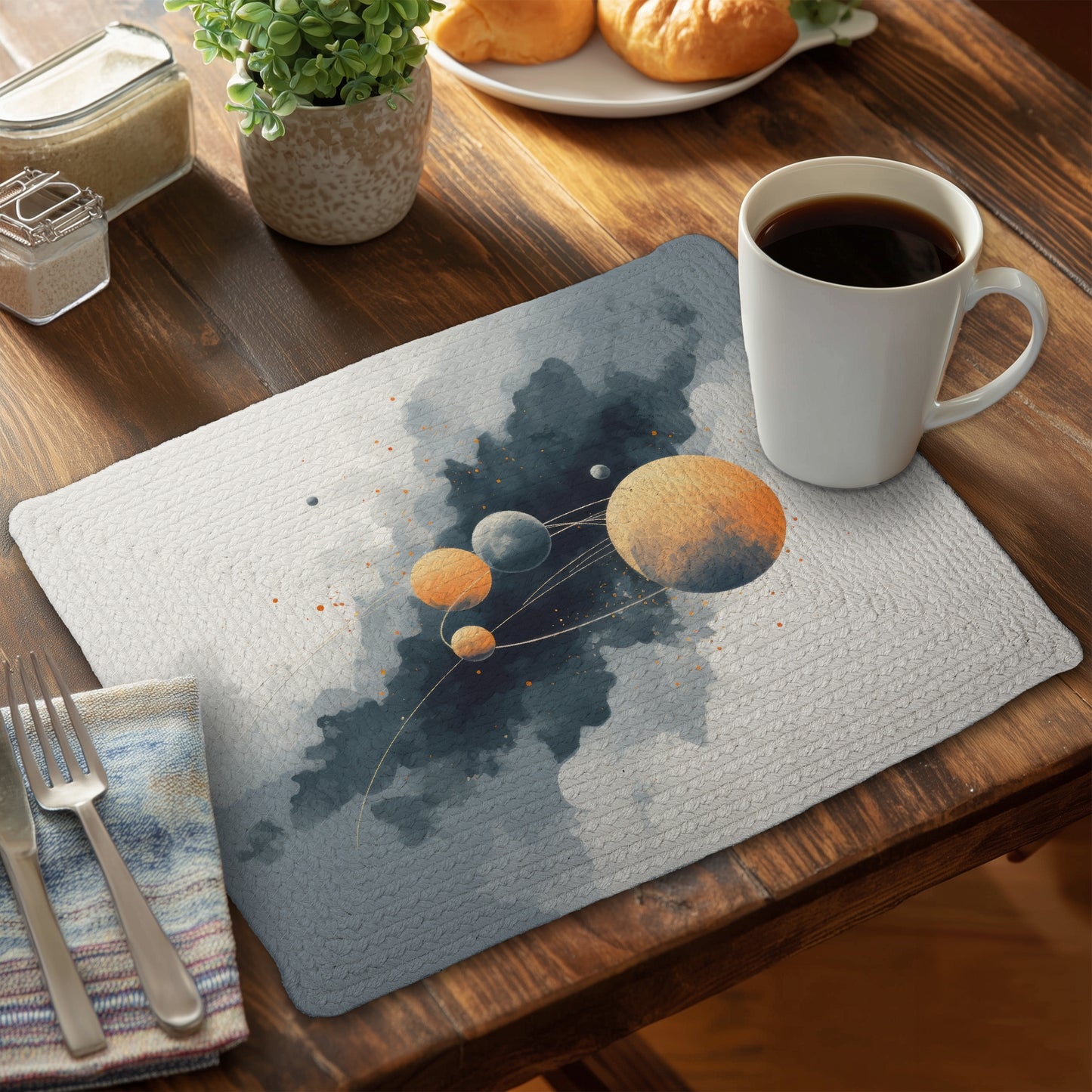 Nappe en polyester tressé motif cercle de planètes pour la décoration intérieure