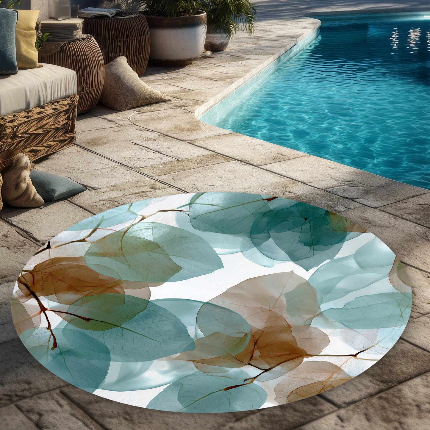 Translucent Leaves - Turquoise Round Outdoor Area Rug for Home