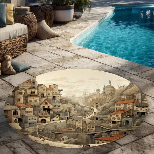 Intricate Town Hall - Orange Round Outdoor Area Rug for Decor