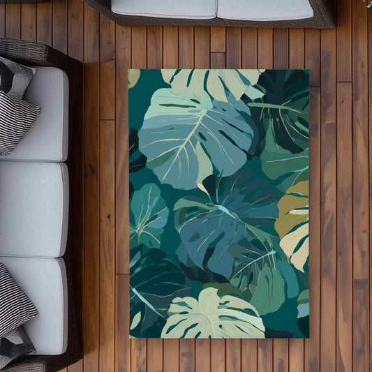 Tapis d'extérieur motif voile de feuilles tropicales | Décoration d'intérieur élégante