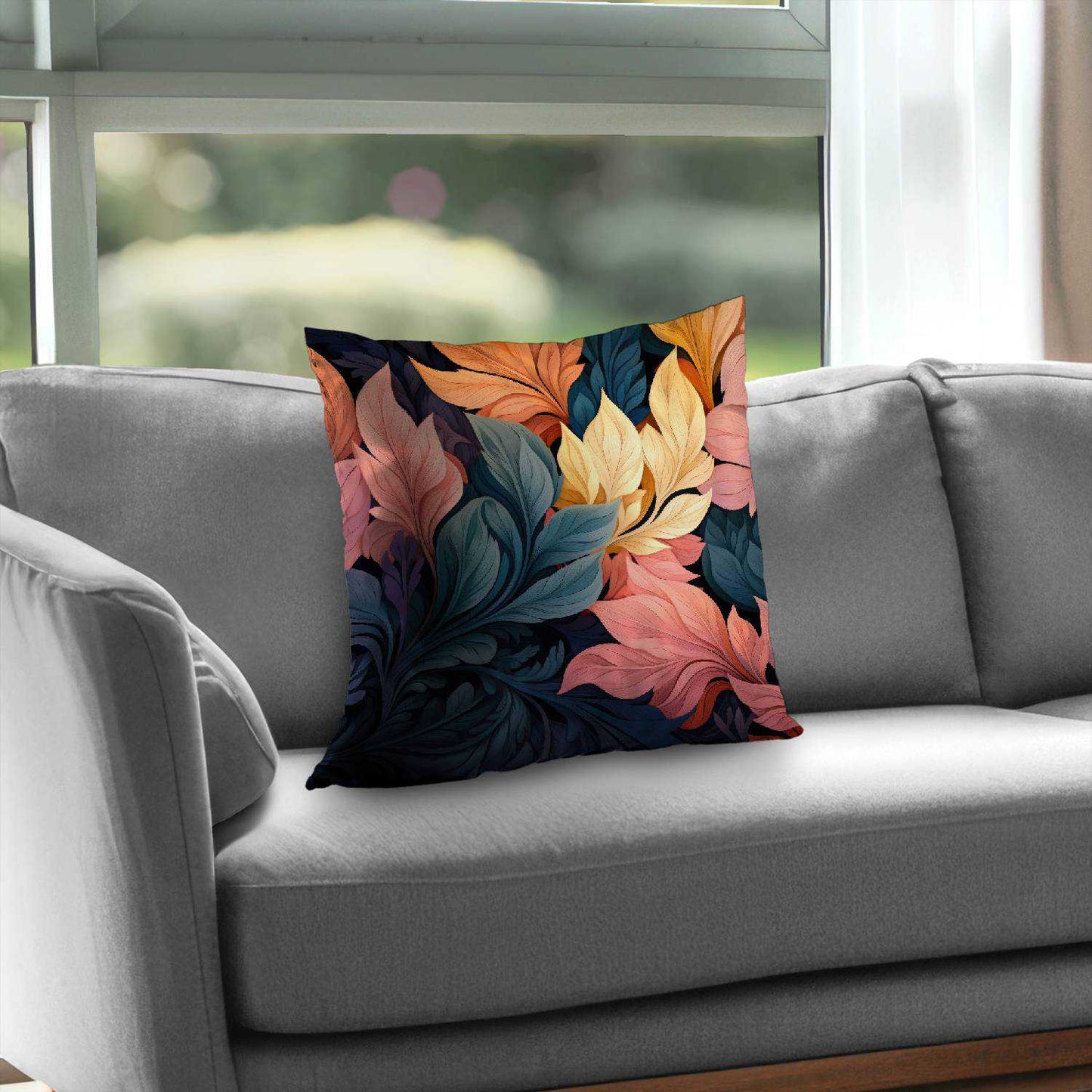 Coussin décoratif en sergé de polyester gris pastel fleuri | Décoration