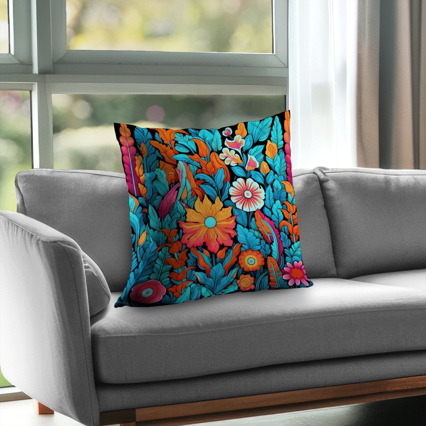 Floral Hues Black Poly Twill Throw Pillow - Home Decor Insert