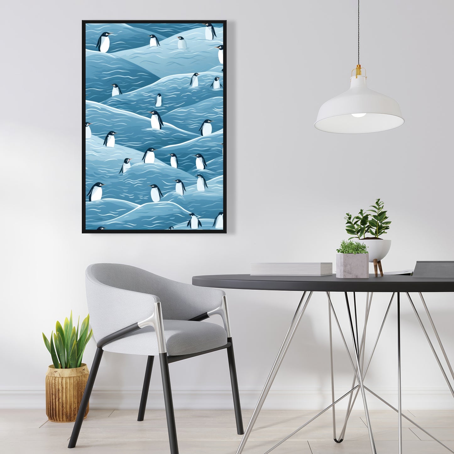 Penguins Wandering - Turquoise Framed Canvas for Home Decor
