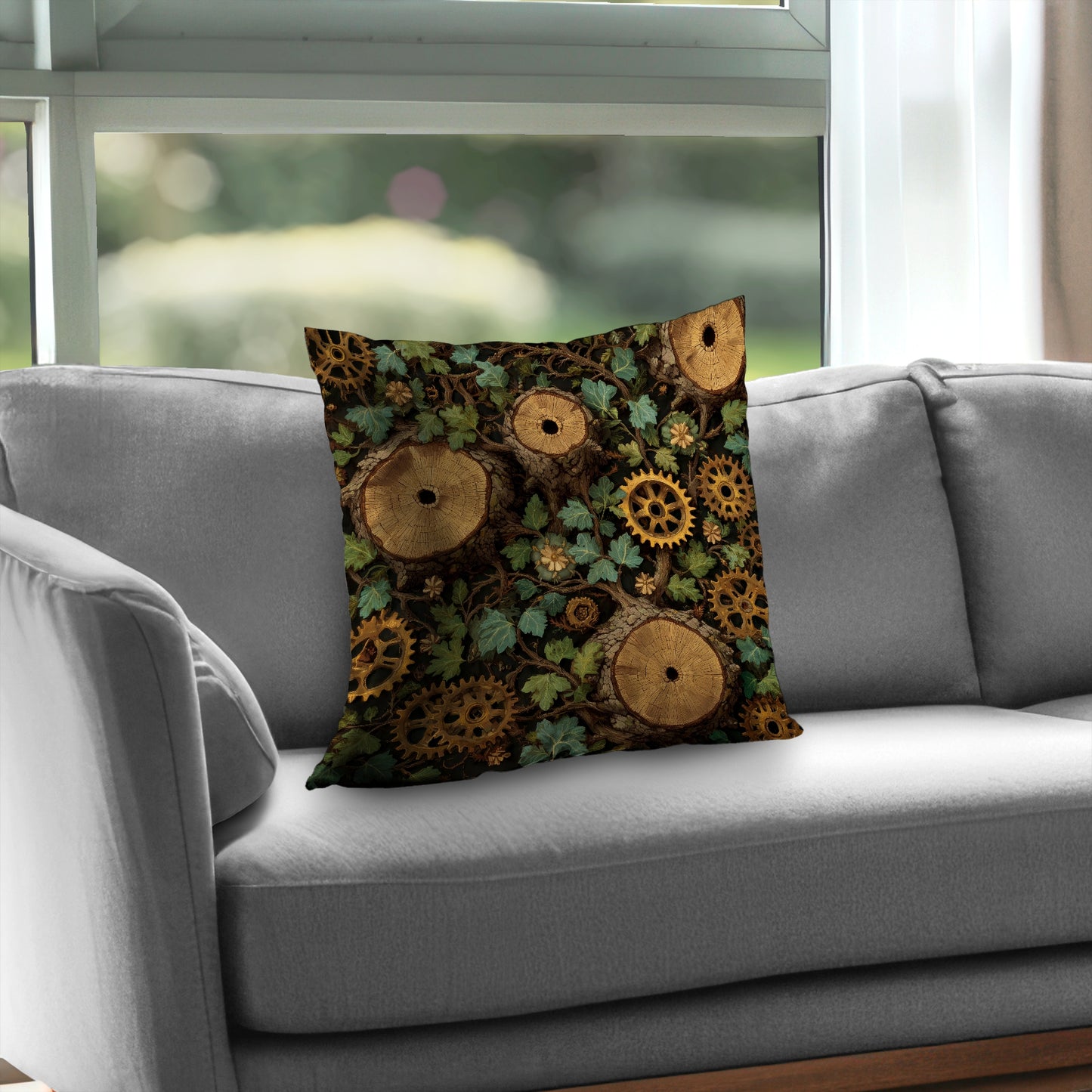 Hiding Gears Poly Twill Throw Pillow | Stylish Home Decor
