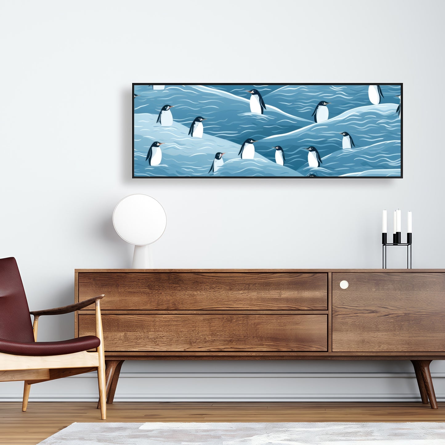 Penguins Wandering - Turquoise Framed Canvas for Home Decor