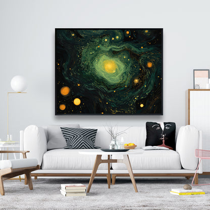 Illuminated in Space - Green Framed Canvas for Home Decor