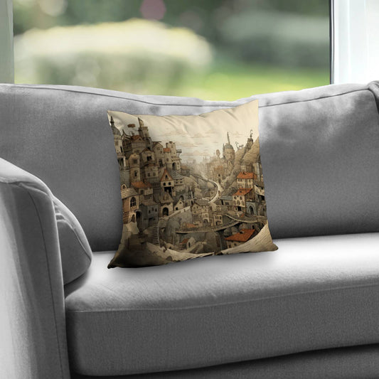 Intricate town hall Orange poly twill throw pillow | Home decor