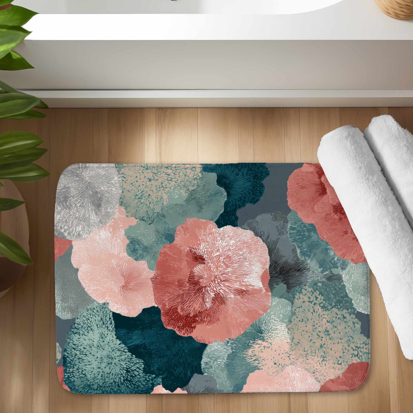 Whispering Coral Blooms Bath Mat | Stylish Home Decor
