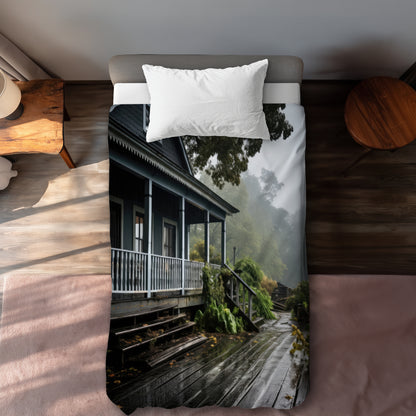 Rainy Porch White Duvet Cover - Elegant Home Decor Masterpiece