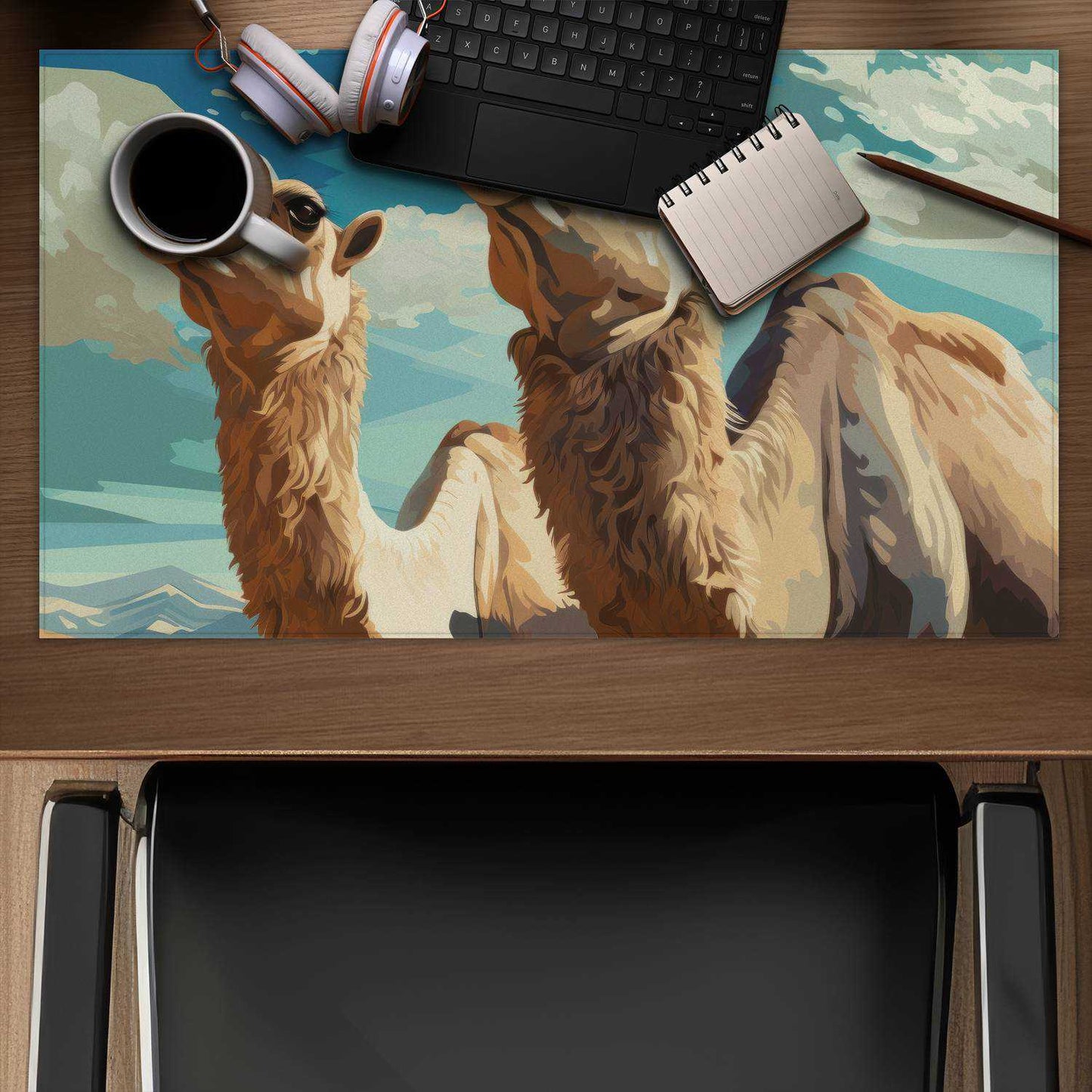 Camels Looking Up - Beige Desk Mat for Elegant Home Decor