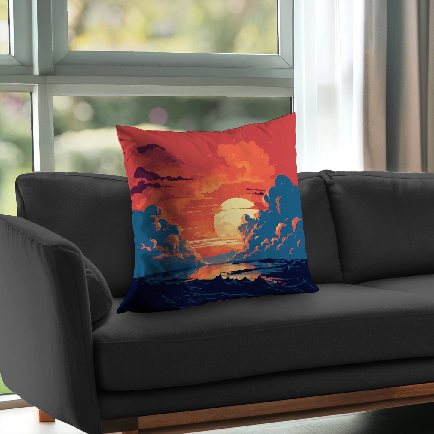 Coussin décoratif en sergé de polyester orange et bleu | Accessoire de décoration intérieure