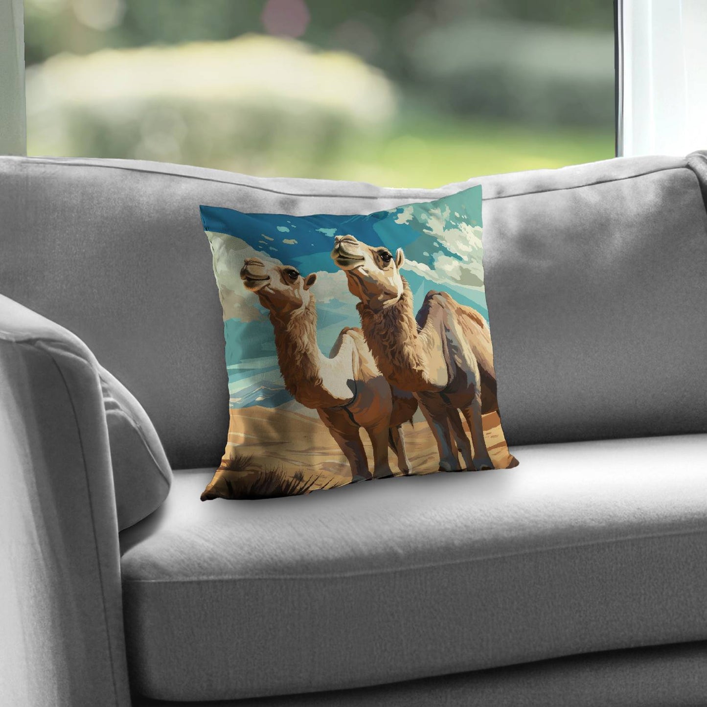 Camels Looking Up - Poly Twill Throw Pillow for Home Decor