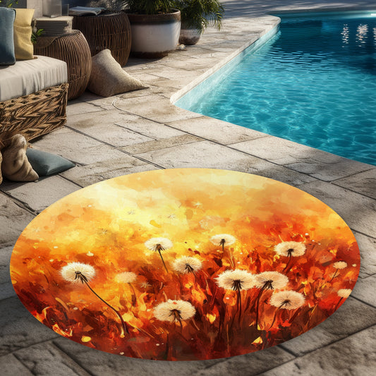 Tapis d'extérieur rond rouge feu à motif pissenlit pour la décoration intérieure
