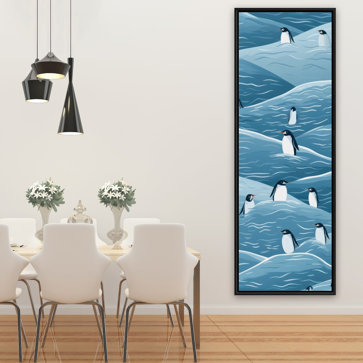 Penguins Wandering - Turquoise Framed Canvas for Home Decor