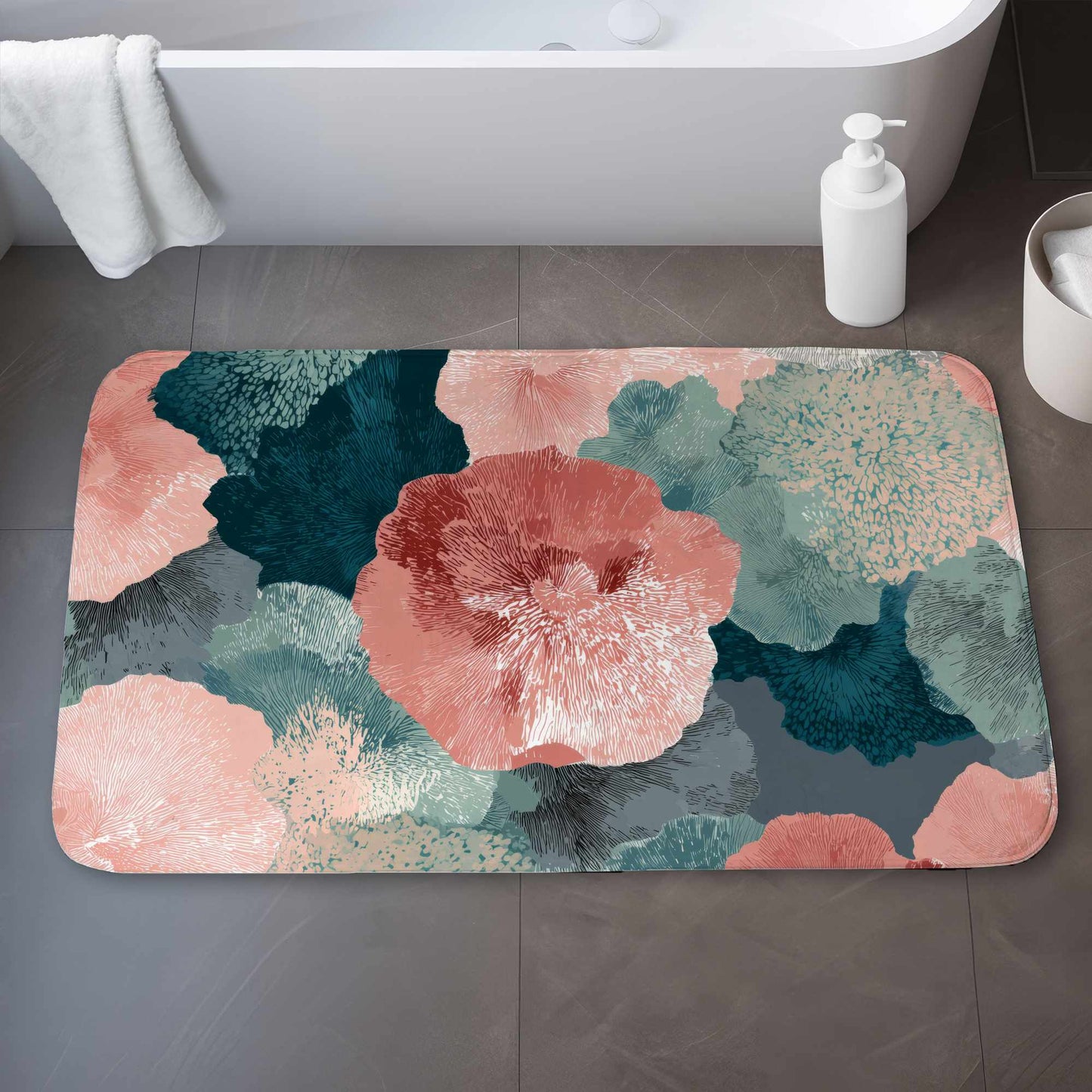 Whispering Coral Blooms Bath Mat | Stylish Home Decor