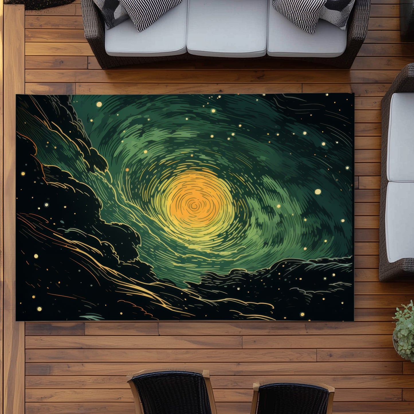 Turmoil in Space - Black Outdoor Area Rug for Home Decor