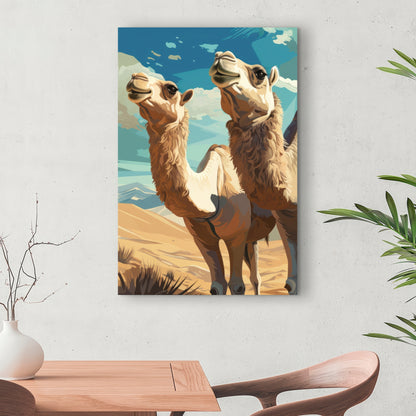 Camels Looking Up - Blue Canvas Art for Home Decor
