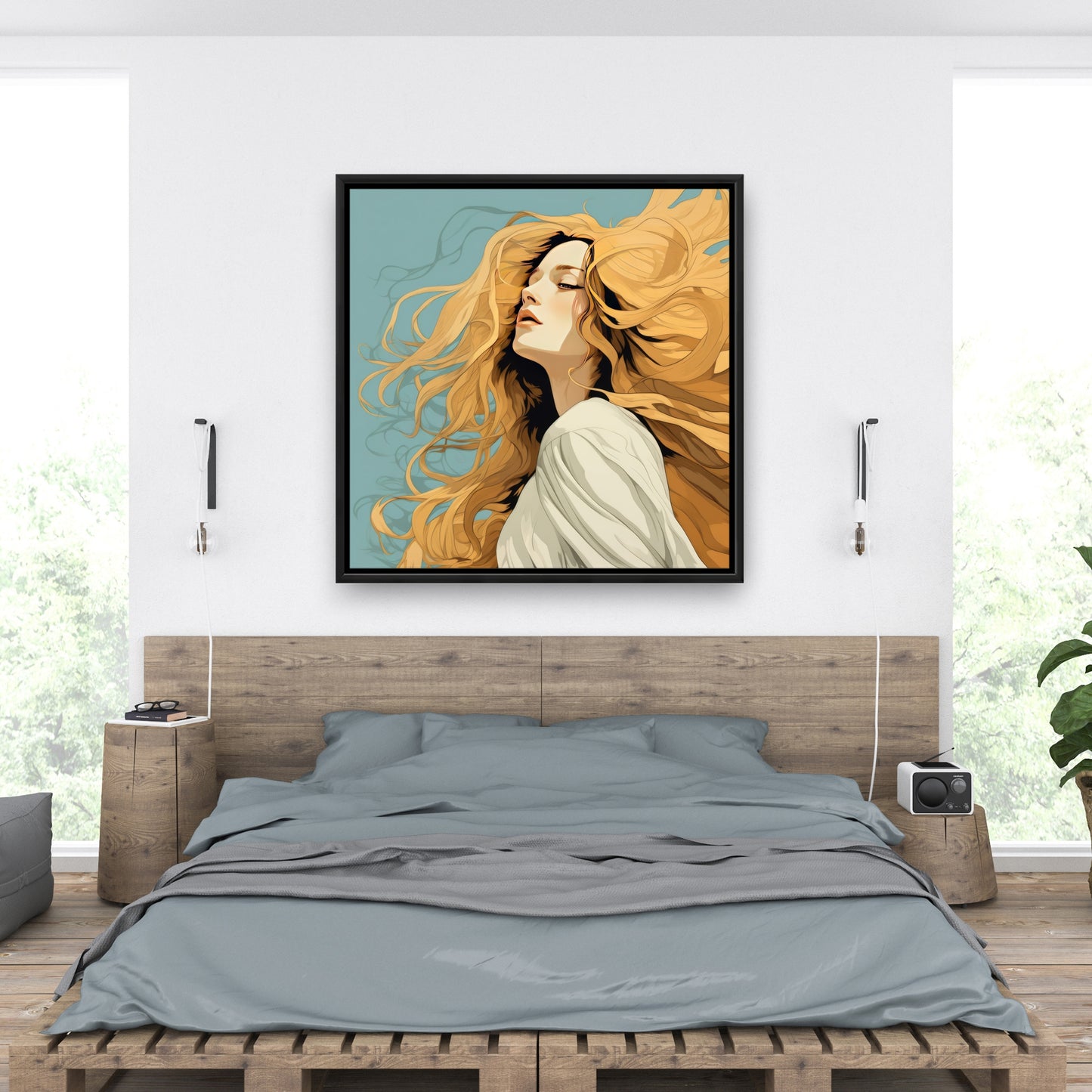 Flowing Hair - Beige Framed Canvas for Home Decor | Elegant Art