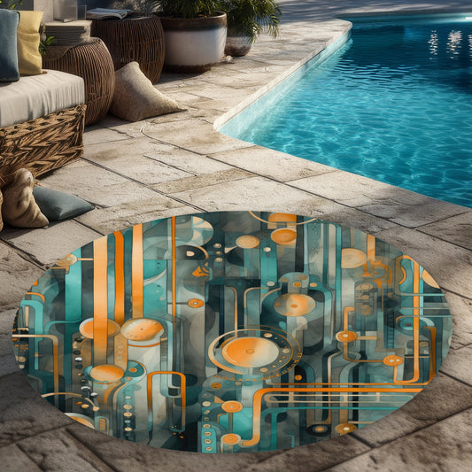 Astrological Machinery Orange Round Outdoor Area Rug | Decor