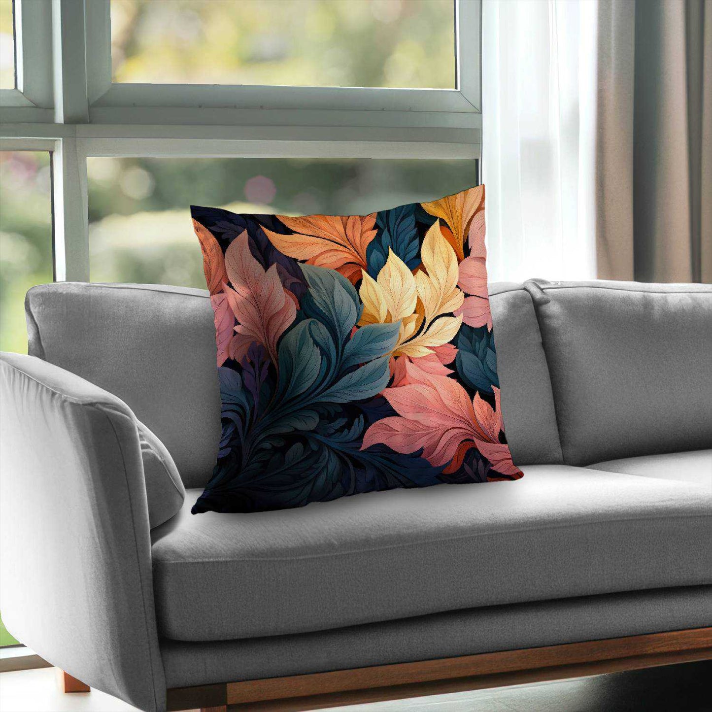 Coussin décoratif en sergé de polyester gris pastel fleuri | Décoration