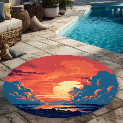 Orange and Blue Round Outdoor Area Rug for Home Decor