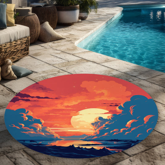 Orange and Blue Round Outdoor Area Rug for Home Decor