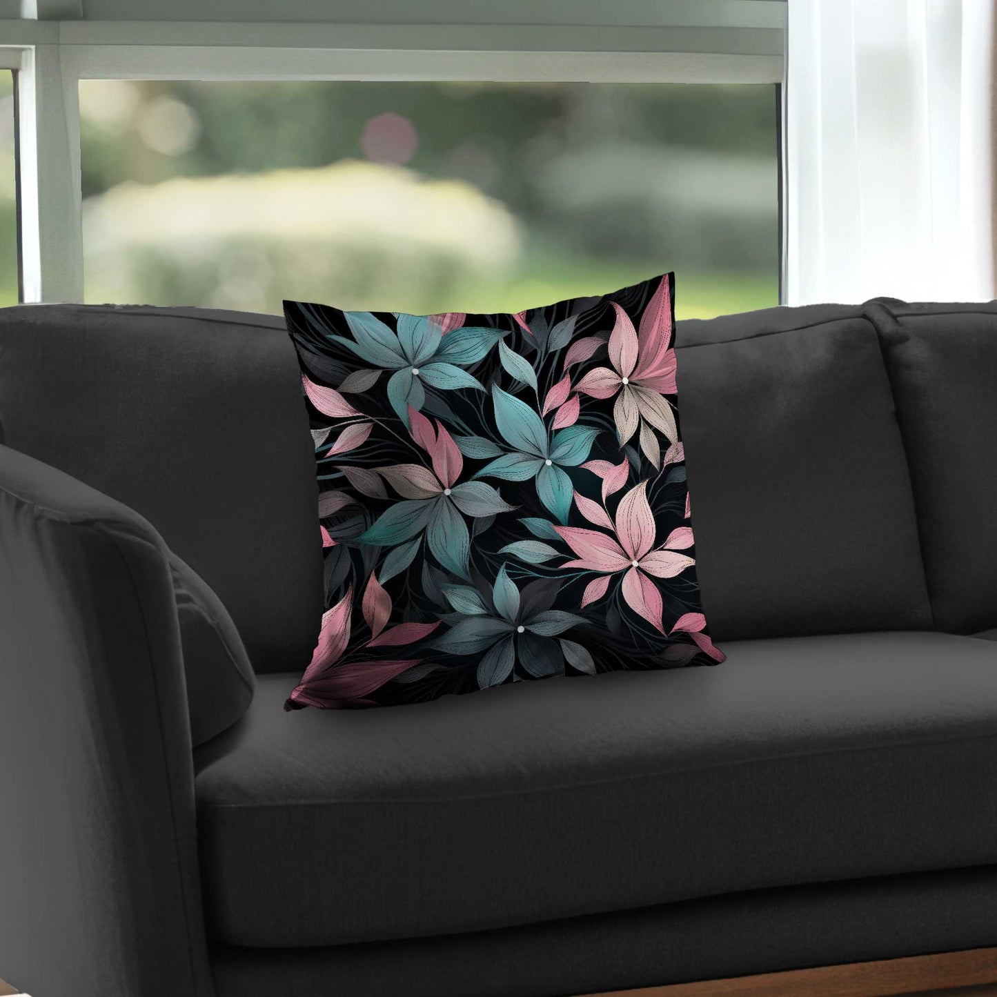 Desaturated Flowers Turquoise Poly Twill Throw Pillow |