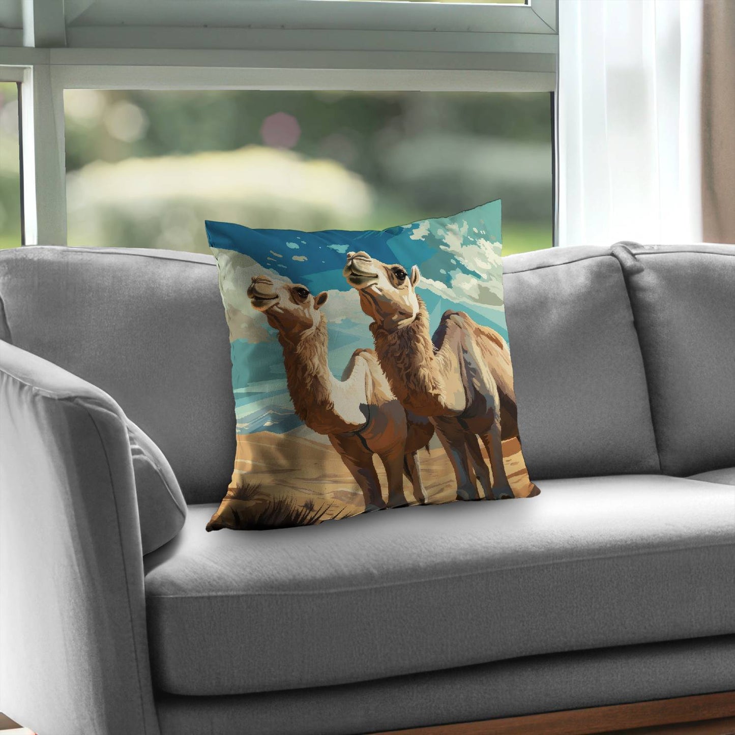Camels Looking Up Blue Poly Twill Throw Pillow - Home Decor