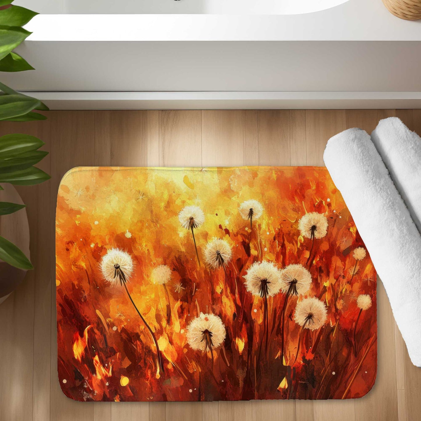 Dandelion Fire White Bath Mat - Elegant Home Decor Accent