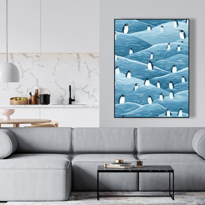 Penguins Wandering - Turquoise Framed Canvas for Home Decor