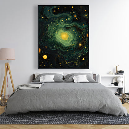 Illuminated in Space - Green Framed Canvas for Home Decor
