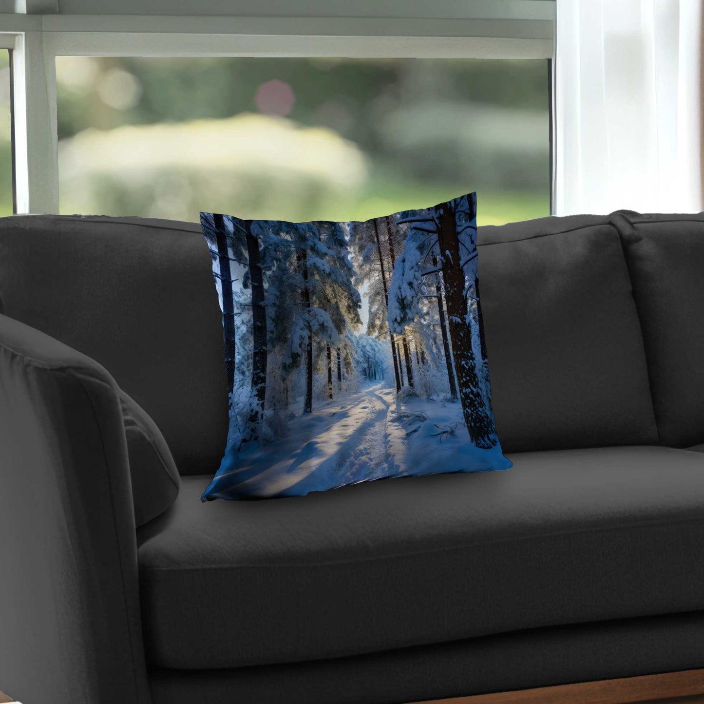 Coussin décoratif en sergé de polyester « Chemin enneigé » - Accessoire de décoration confortable pour la maison