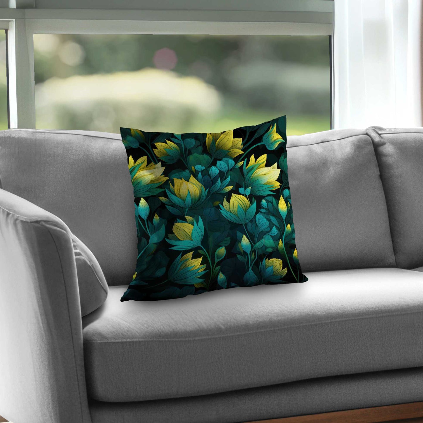 Coussin décoratif en sergé de polyester noir Intense Bloom