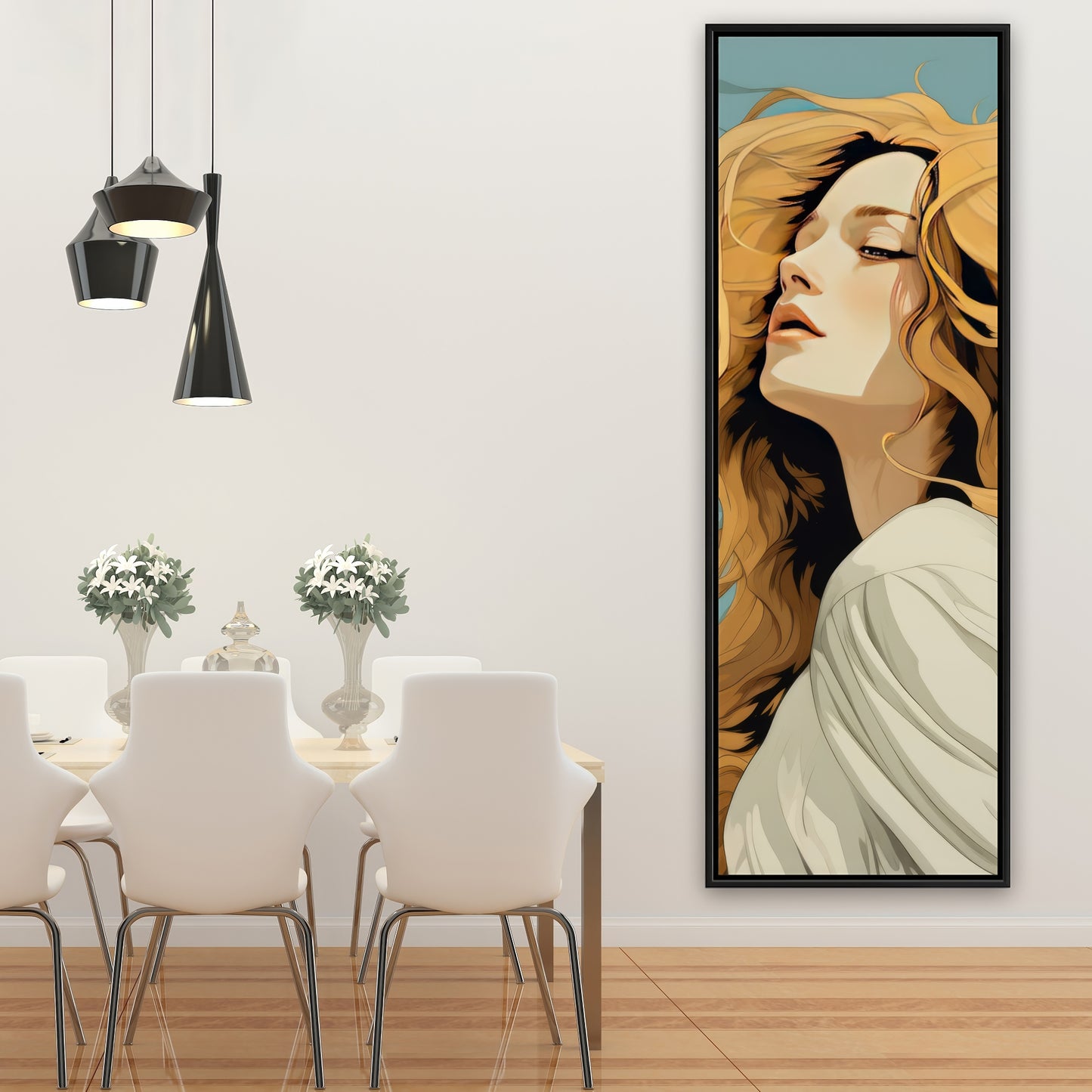 Flowing Hair - Beige Framed Canvas for Home Decor | Elegant Art